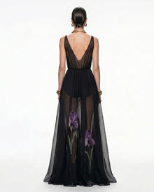 Sheer Floral Print Maxi Dress - Black