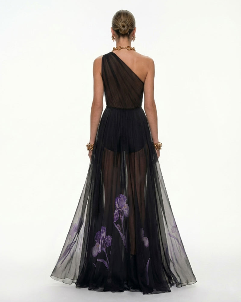 Floral One Shoulder Maxi Dress - Black