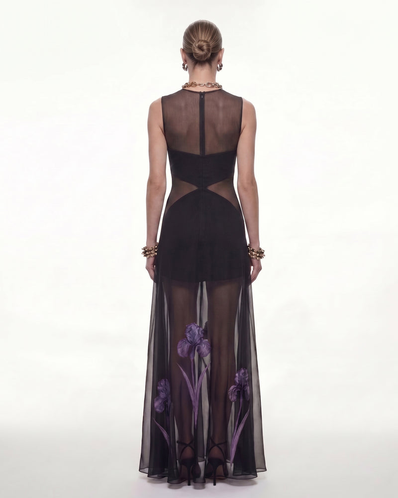 Sheer Floral Print Paneled Maxi Dress - Black