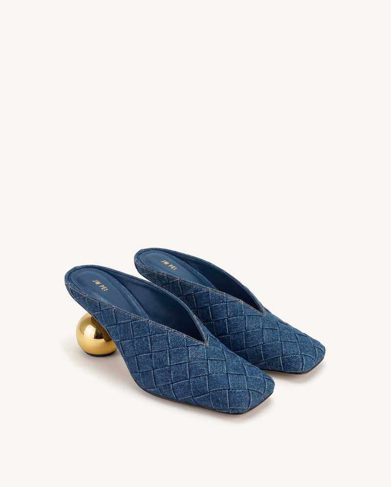 Ellie Woven Square-Toe Mule Heels - Denim Blue