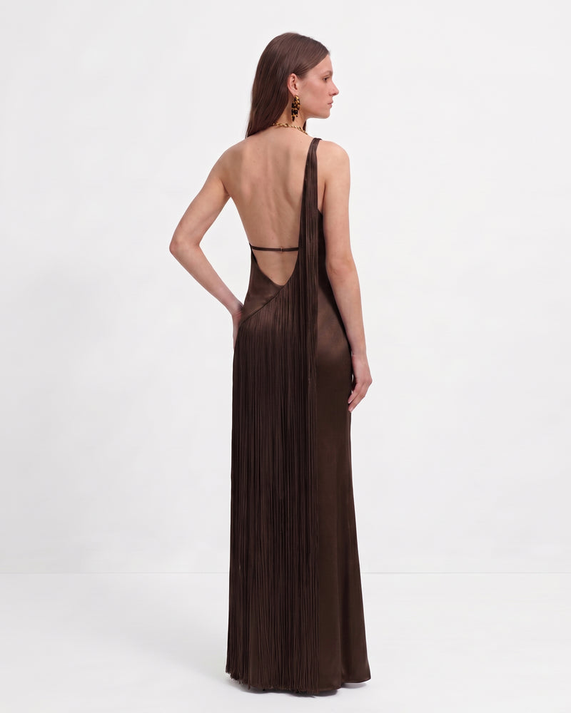 Fringe One Shoulder Maxi Dress - Dark Chocolate