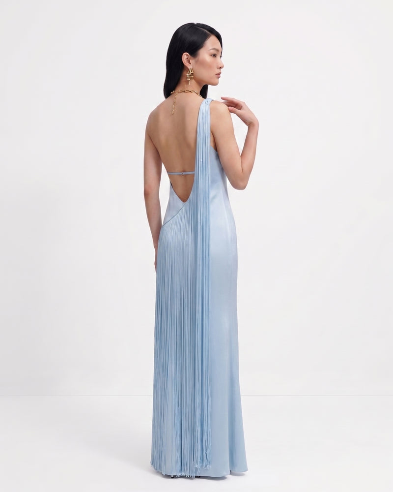 Fringe One Shoulder Maxi Dress - Light Blue