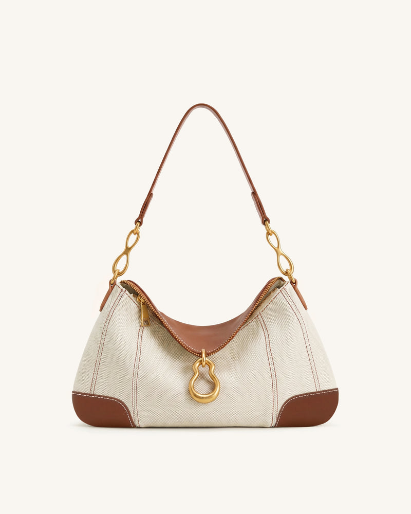 Jayla Metal Pendant Embellished Shoulder Bag - Brown Canvas