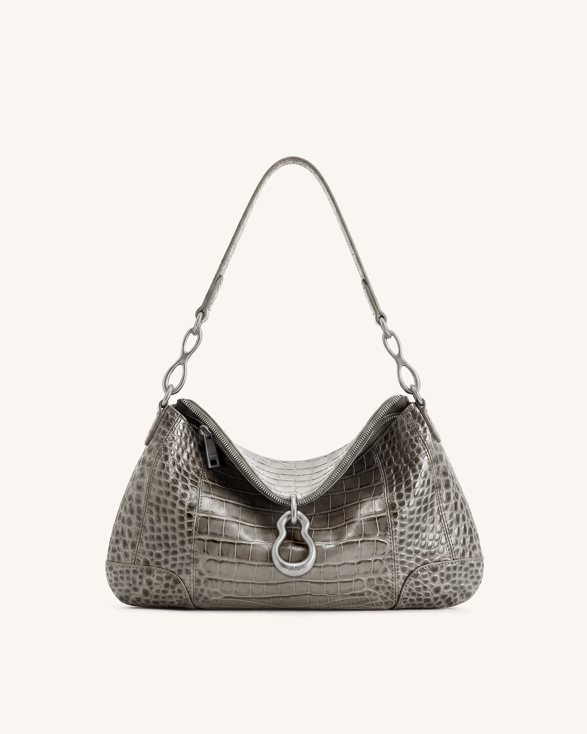 Jayla Metal Pendant Embellished Shoulder Bag - Grey Croc