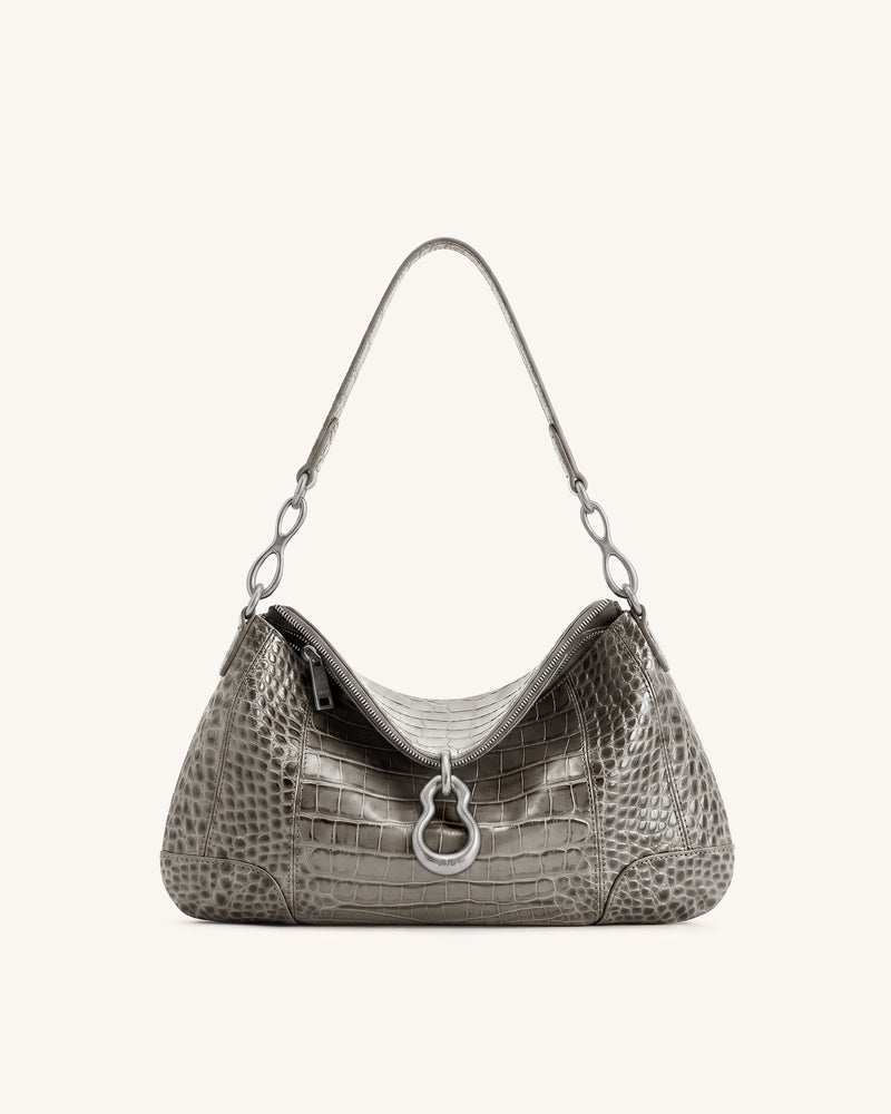 Jayla Metal Pendant Embellished Shoulder Bag - Grey Croc