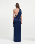 One Shoulder Fringe Satin Maxi Dress - Navy Blue