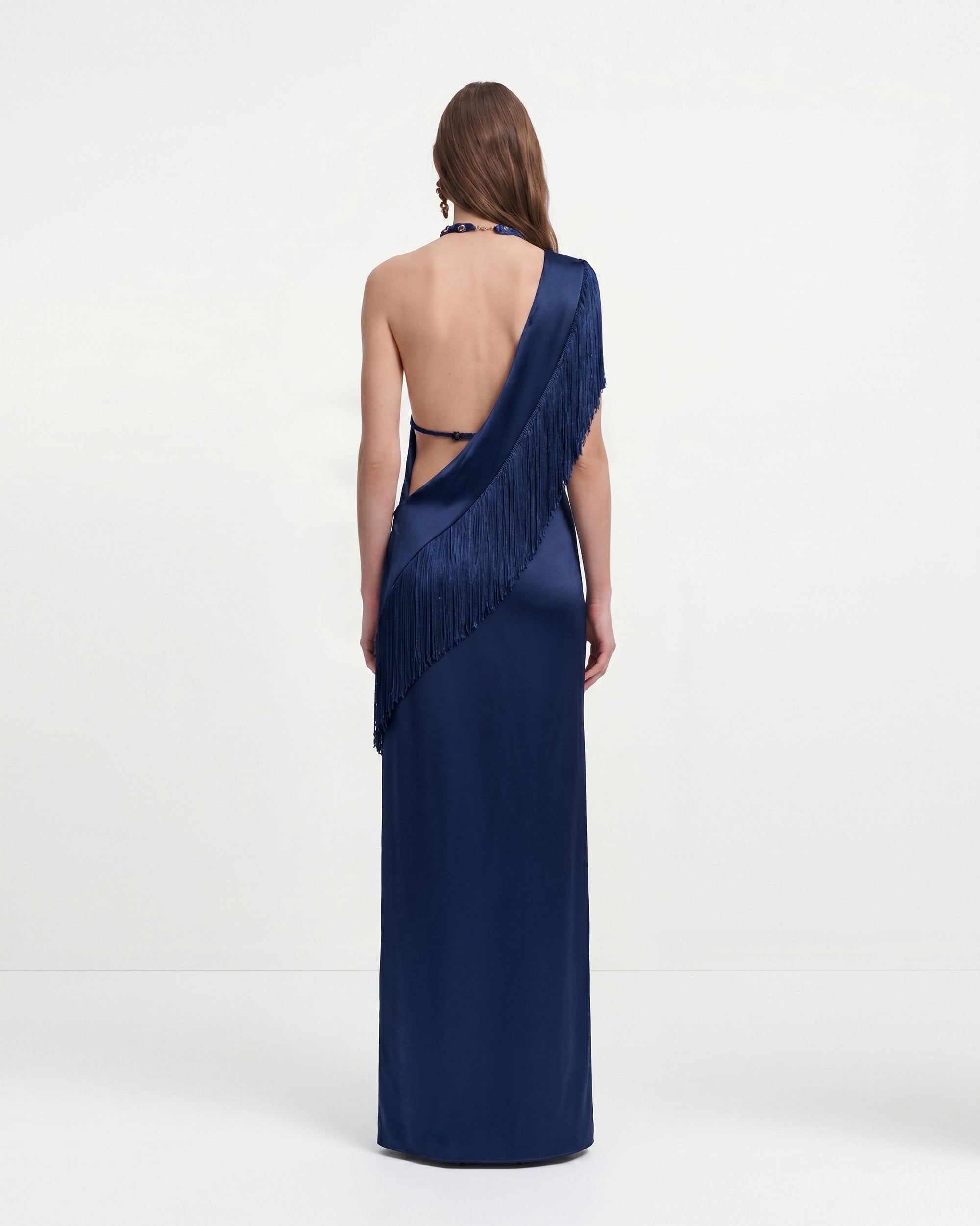 One Shoulder Fringe Satin Maxi Dress - Navy Blue