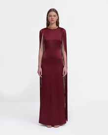Fringe Cape Open Back Satin Maxi Dress - Wine Red