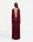 Fringe Cape Open Back Satin Maxi Dress - Wine Red