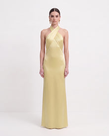Cross Halter Fringe Back Satin Maxi Dress - Champagne