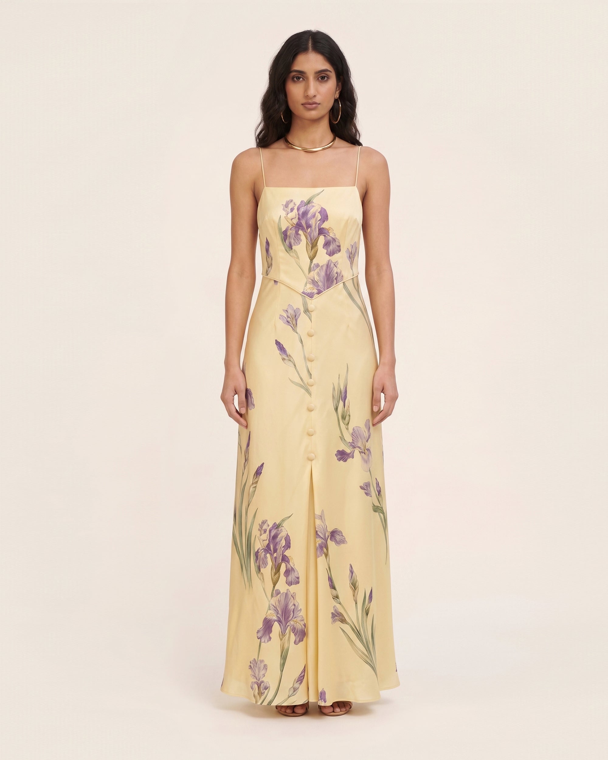 Iris Print Satin Button Front Maxi Dress - Soft Yellow