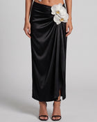 Iris Floral Appliqué Draped Satin Maxi Skirt - Black