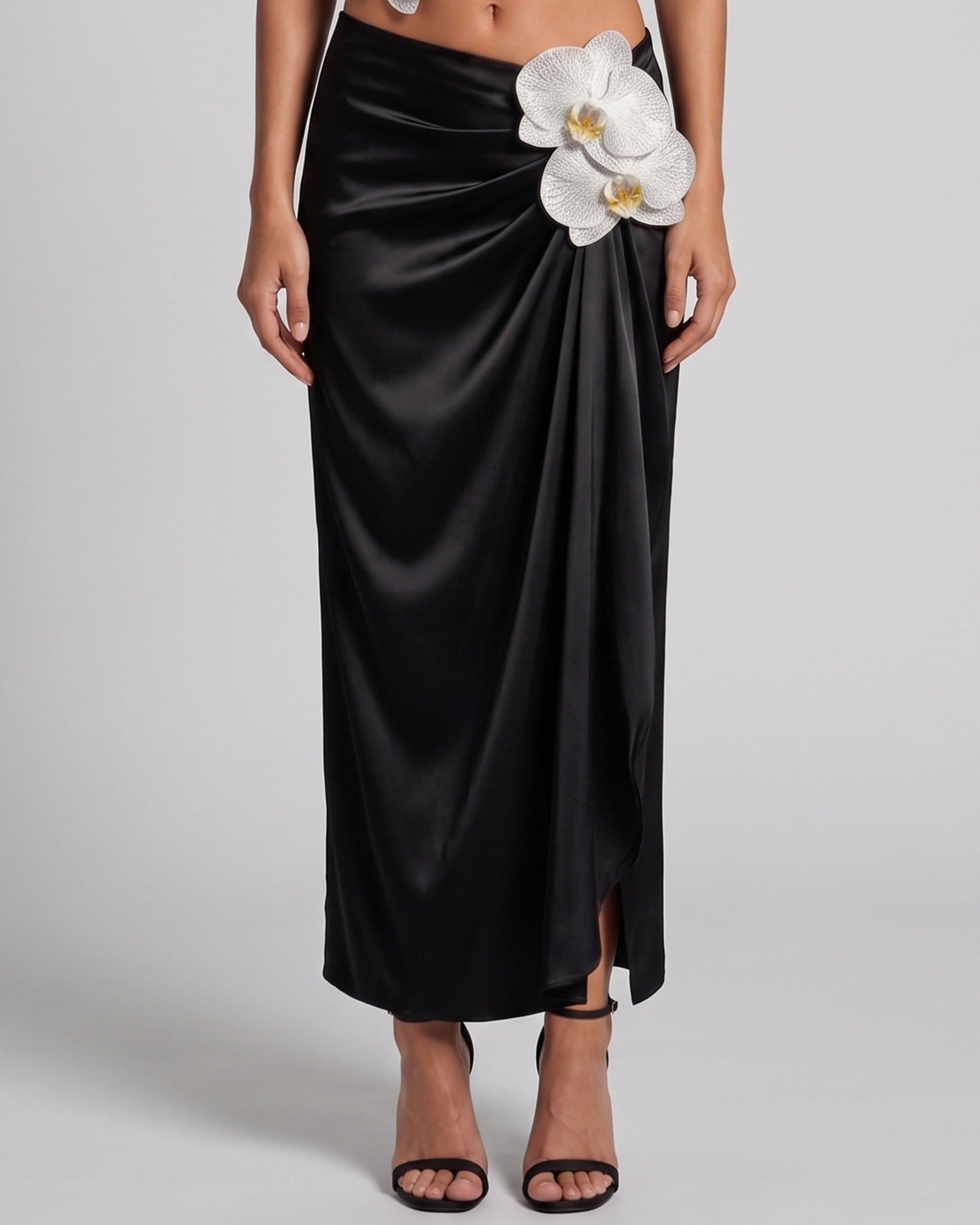 Iris Floral Appliqué Draped Satin Maxi Skirt - Black