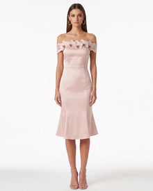 Iris Floral Appliqué Off-Shoulder Satin Midi Dress - Blush Pink