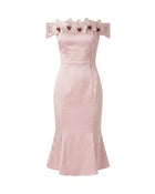 Iris Floral Appliqué Off-Shoulder Satin Midi Dress - Blush Pink
