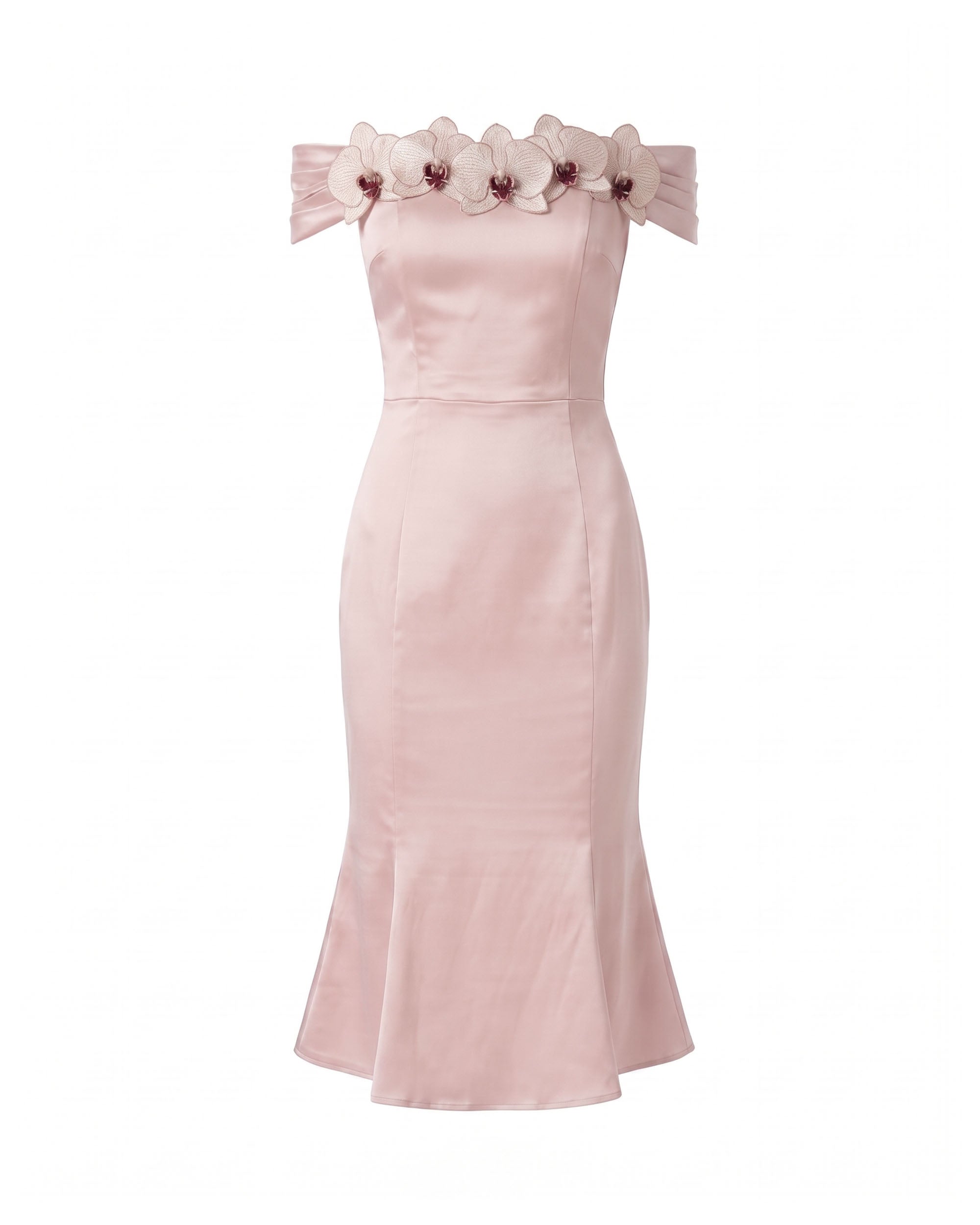 Iris Floral Appliqué Off-Shoulder Satin Midi Dress - Blush Pink