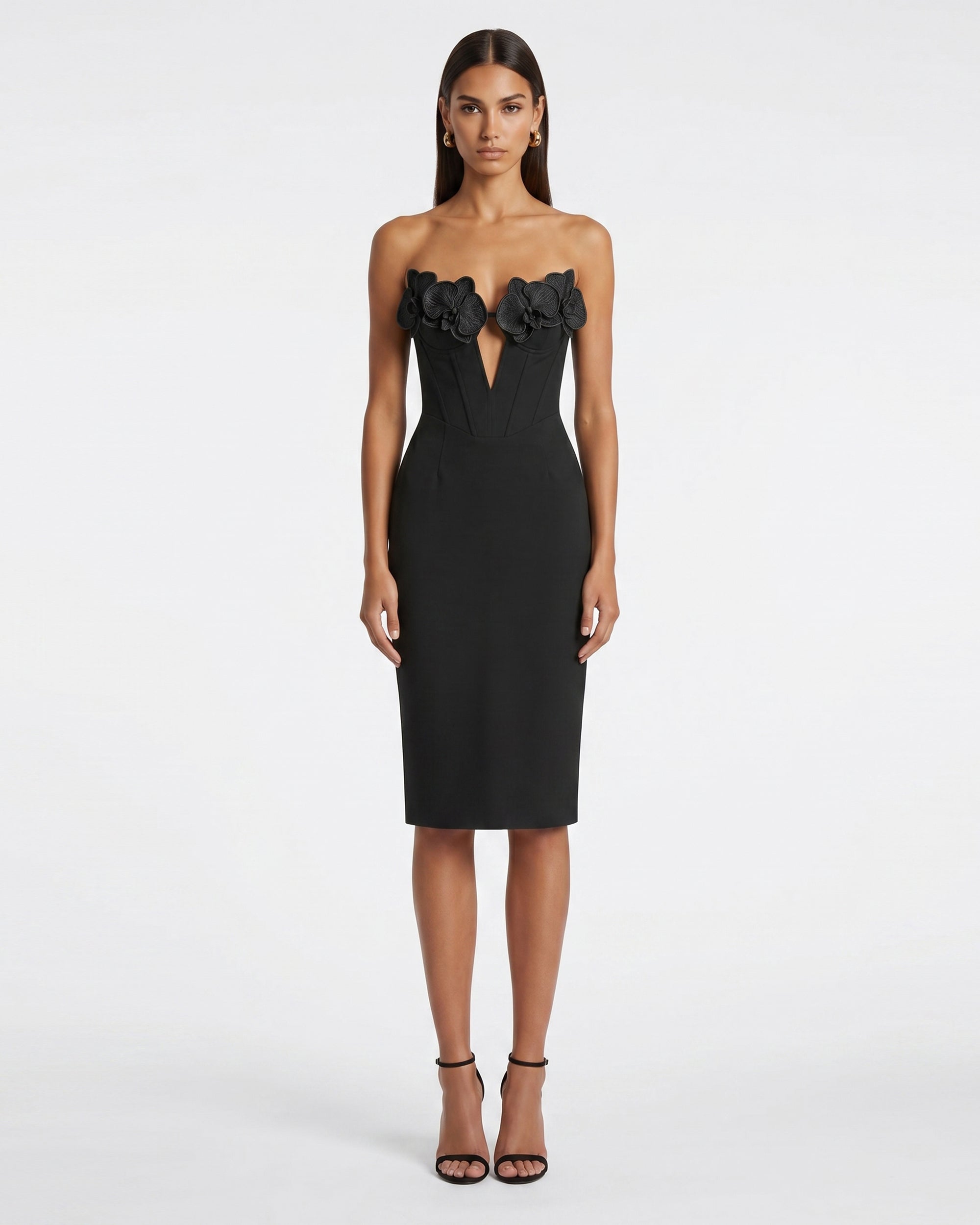 Iris Floral Appliqué Strapless Corset Midi Dress - Black
