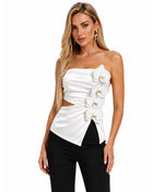 Iris Floral Appliqué Asymmetric Strapless Draped Top - Ivory