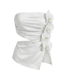 Iris Floral Appliqué Asymmetric Strapless Draped Top - Ivory