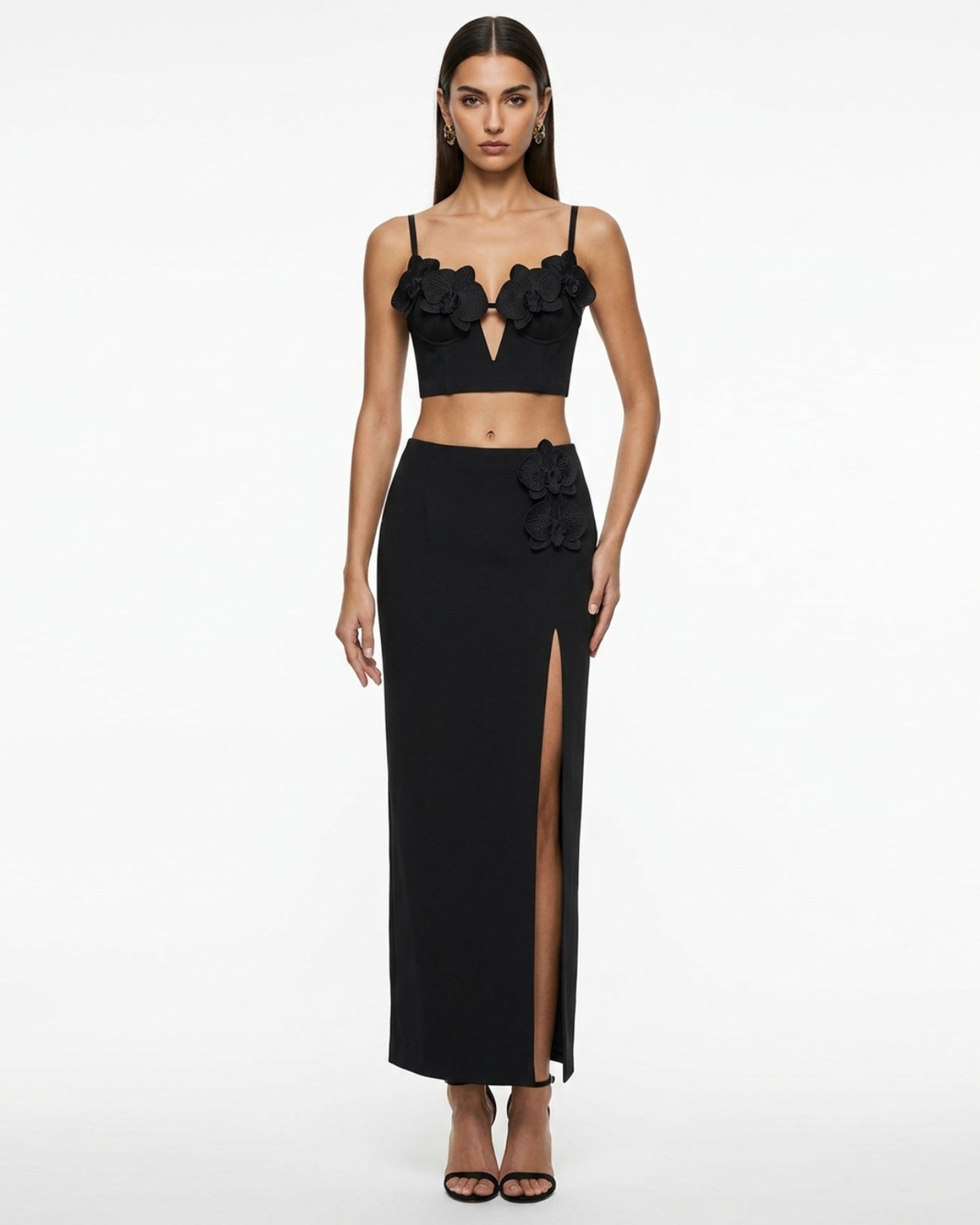 Iris Floral Appliqué High Slit Midi Skirt - Black