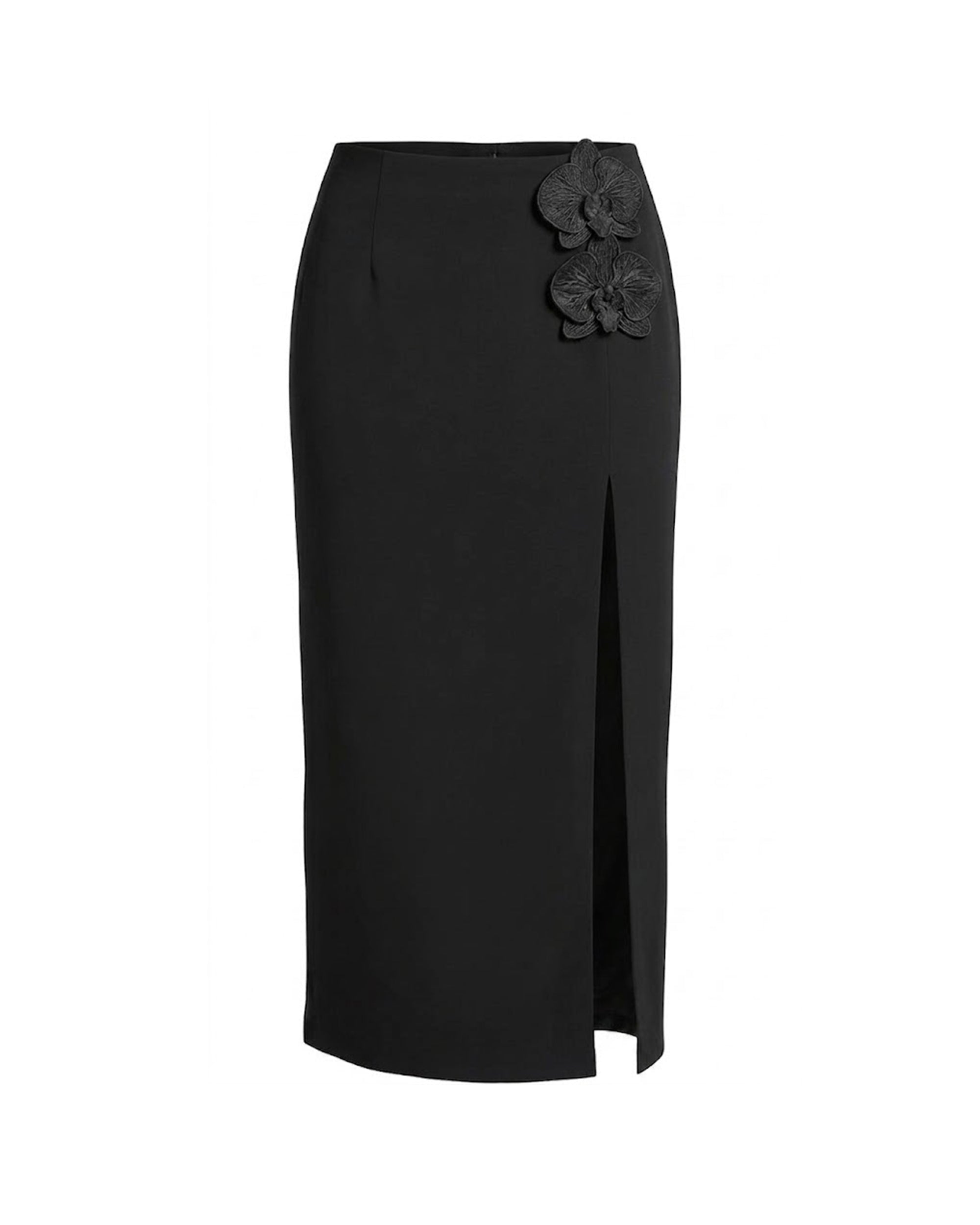 Iris Floral Appliqué High Slit Midi Skirt - Black