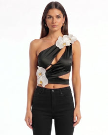 Iris Floral Appliqué Cut-Out Draped Halter Top - Black