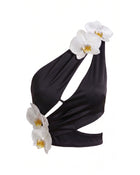 Iris Floral Appliqué Cut-Out Draped Halter Top - Black