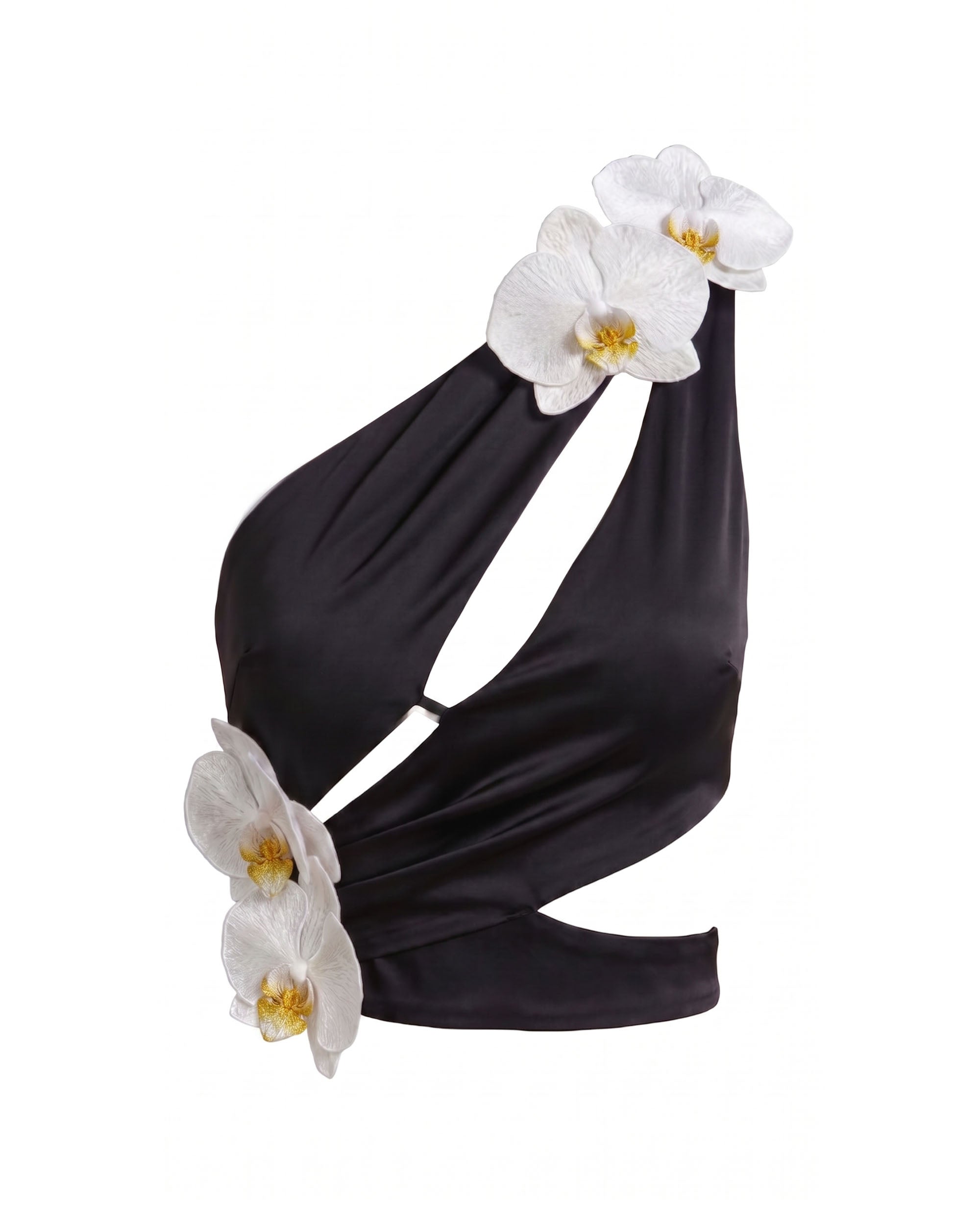 Iris Floral Appliqué Cut-Out Draped Halter Top - Black