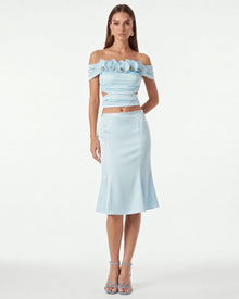 Iris Floral Appliqué Off-Shoulder Draped Top - Sky Blue