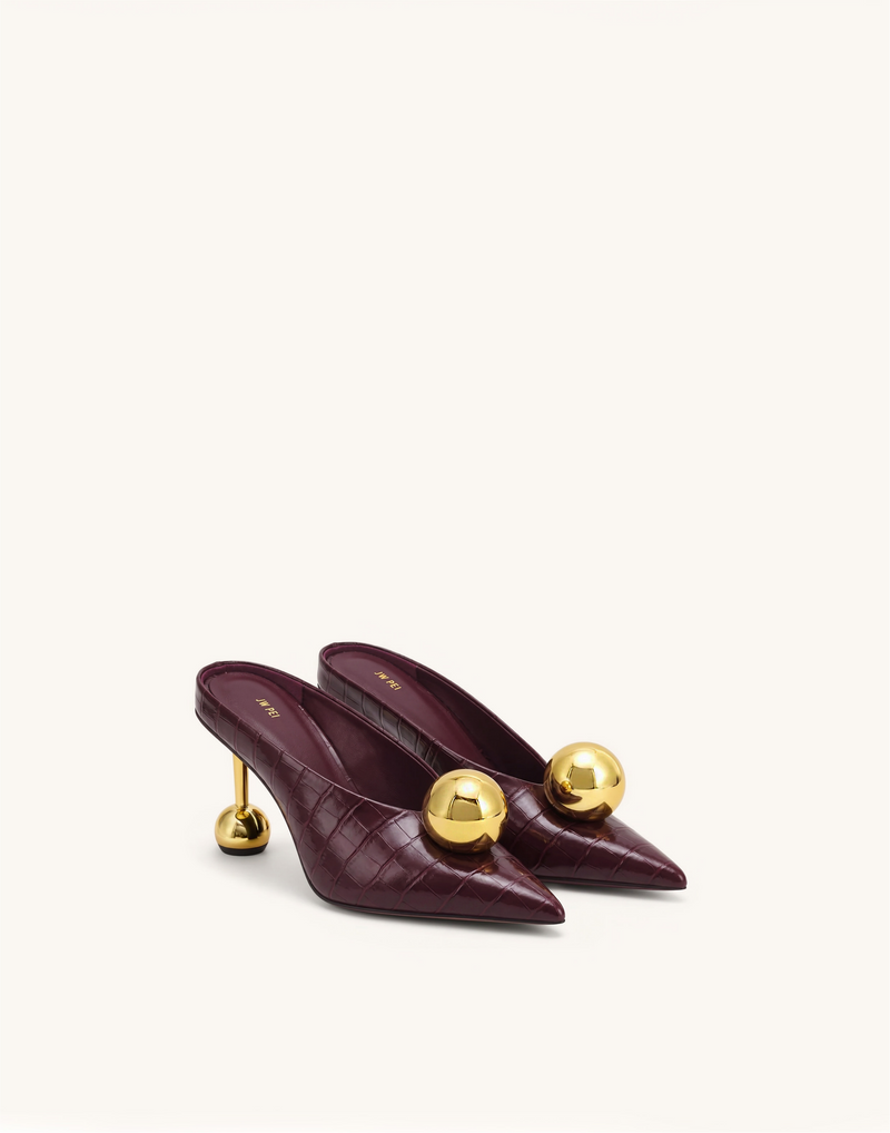 Sofia Angled Vamp Croc-Embossed Heel Mules - Burgundy