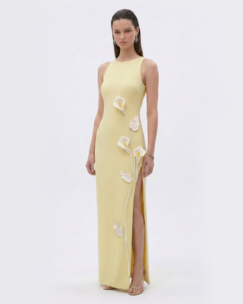 Floral Appliqué Sleeveless Slit Maxi Dress - Butter Yellow