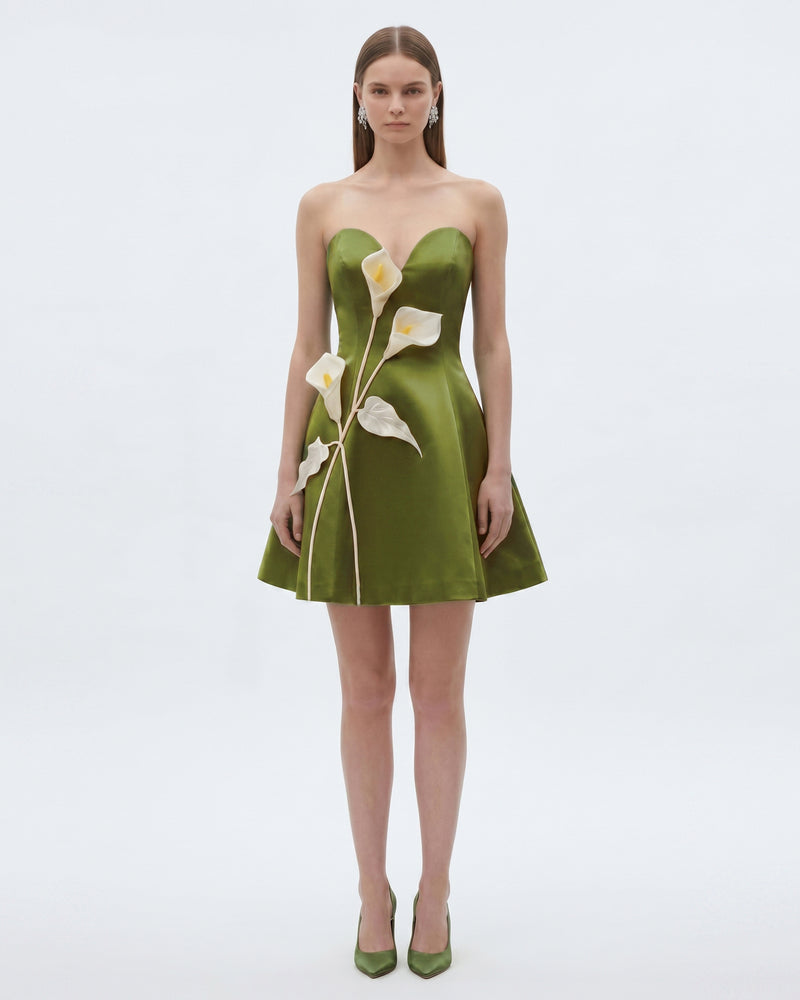 Floral Appliqué Strapless Flared Mini Dress - Olive
