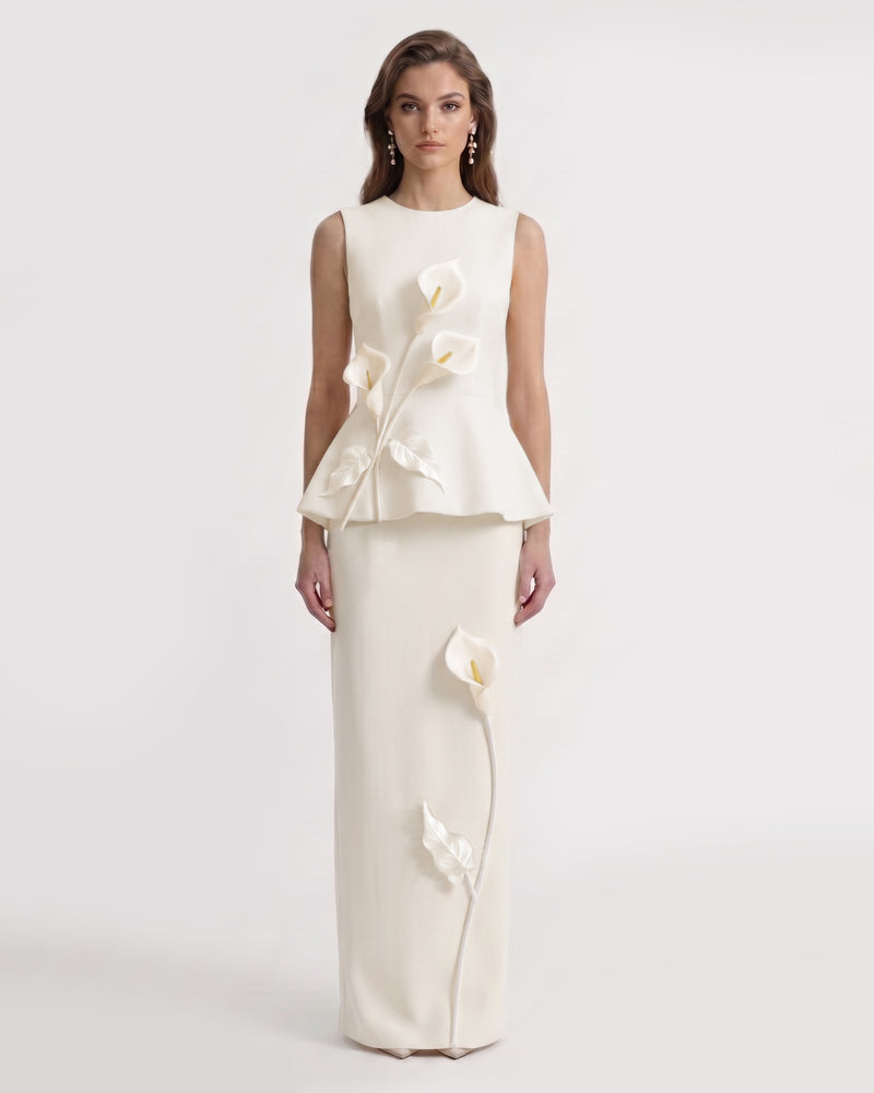 Floral Appliqué Column Maxi Skirt - Ivory