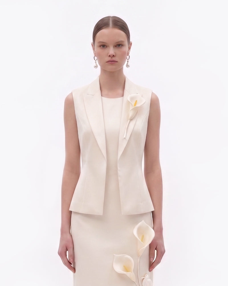 Floral Appliqué Tailored Vest - Ivory