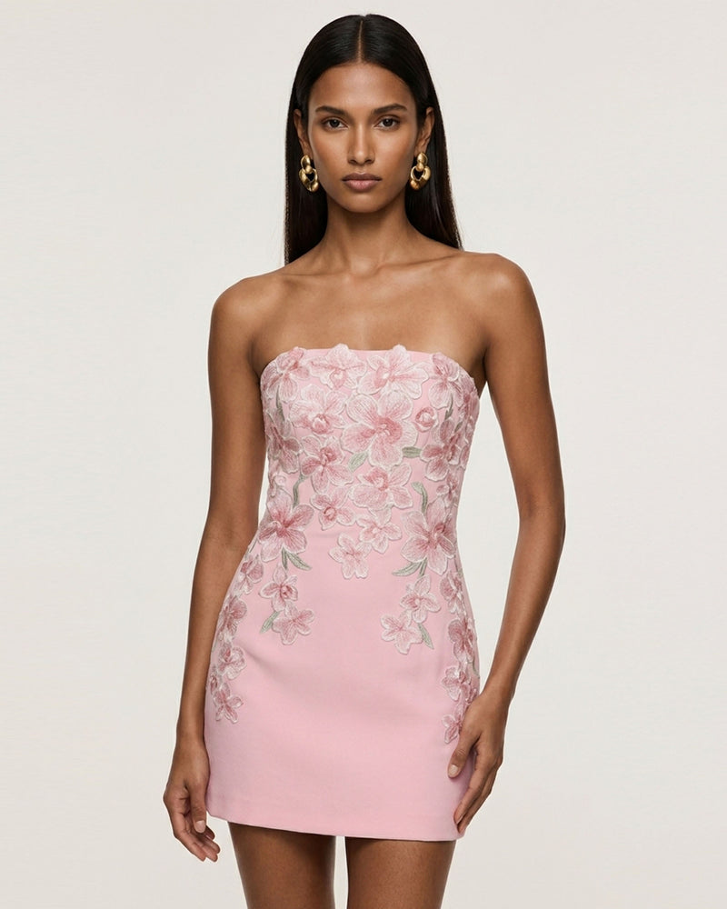 Flower Embroidered Strapless Mini Dress - Pink