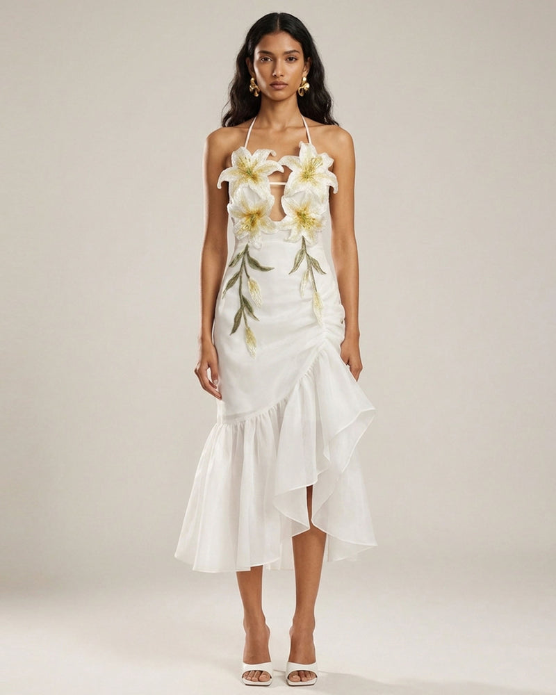 Lily-Embroidered Halter Ruffle Maxi Dress - White