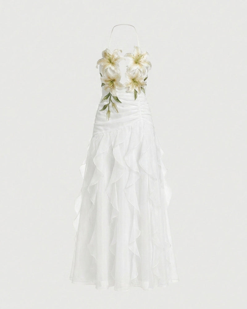 Lily-Embroidered Halter Ruffle Midi Dress - White
