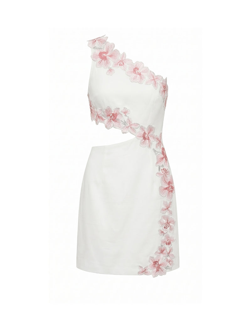 Flower Embroidered One-Shoulder Cutout Mini Dress - White