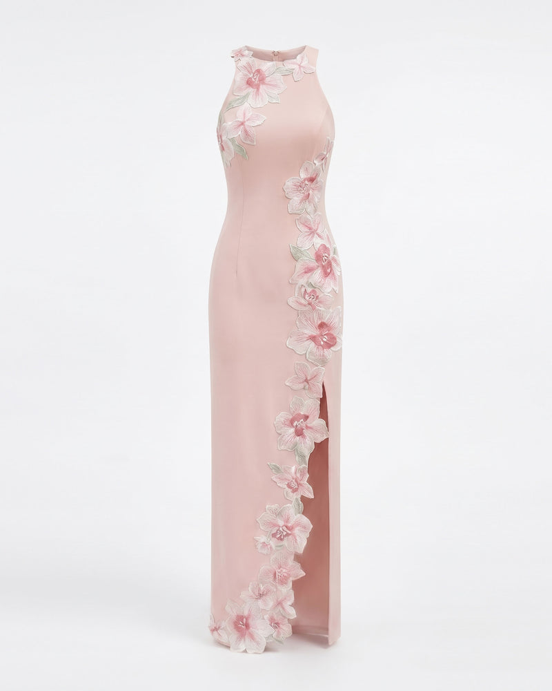 Flower Embroidered Halter Maxi Dress - Blush Pink