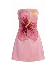 Hibiscus Embroidered Bandeau Mini Dress - Pink
