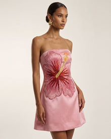Hibiscus Embroidered Bandeau Mini Dress - Pink