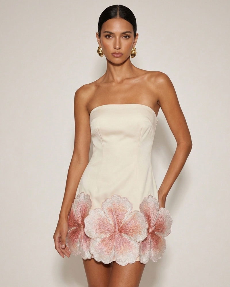 Hibiscus Embroidered Scalloped Mini Dress - Ivory