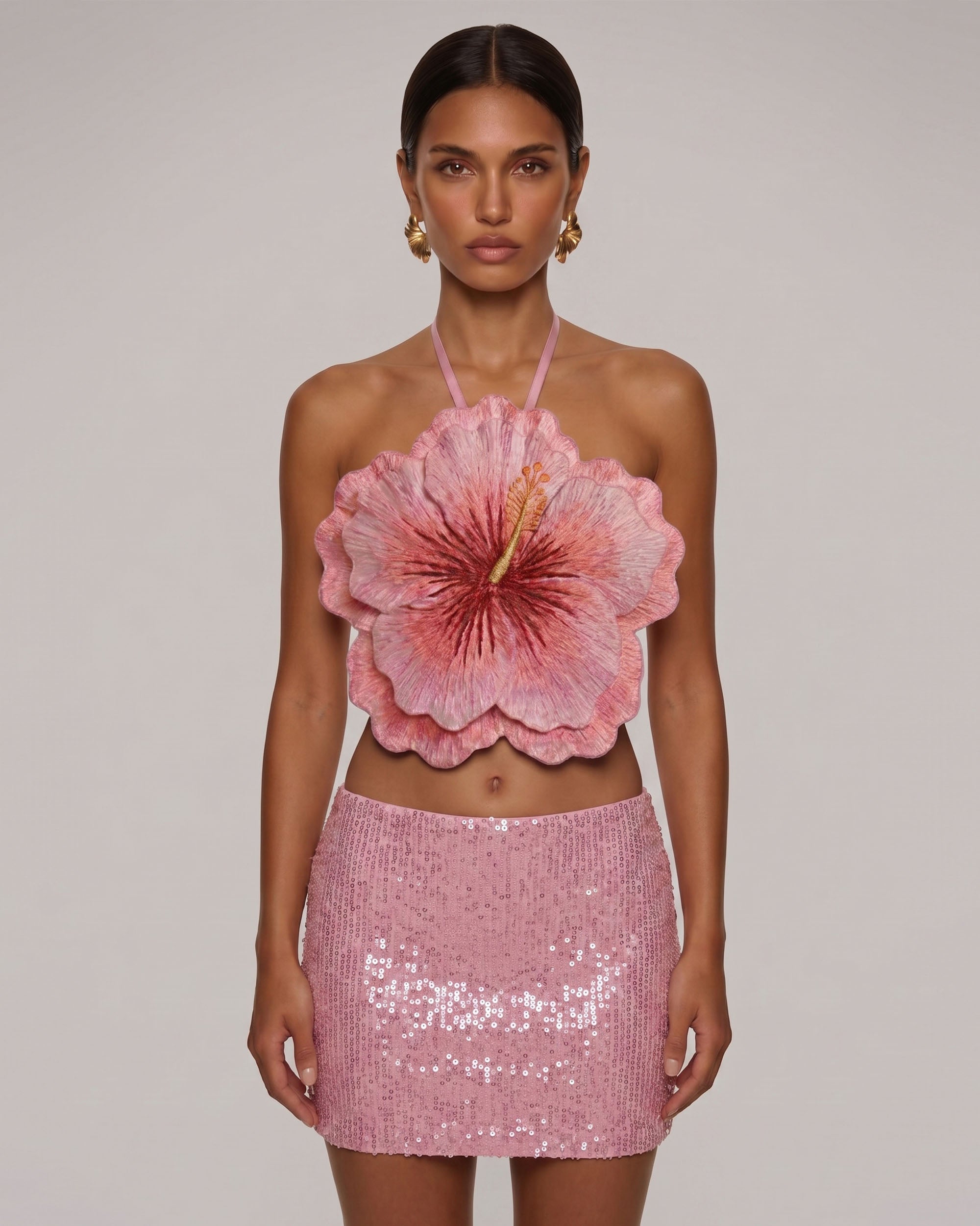 Hibiscus Embroidered Halter Crop Top - Pink