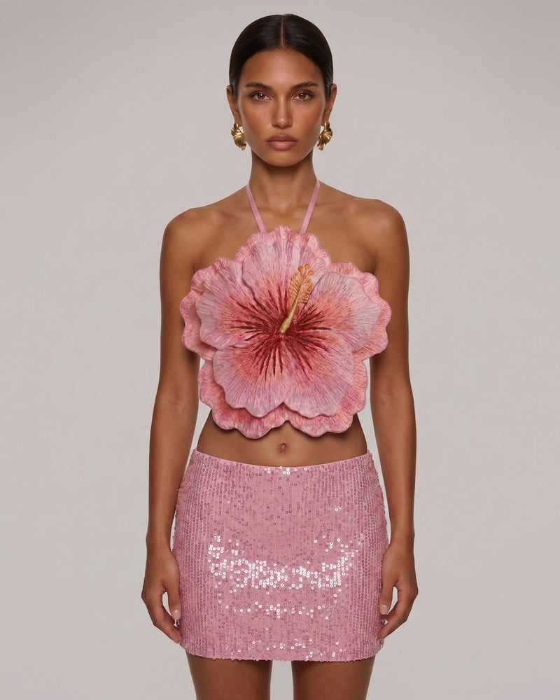 Hibiscus Embroidered Halter Crop Top - Pink