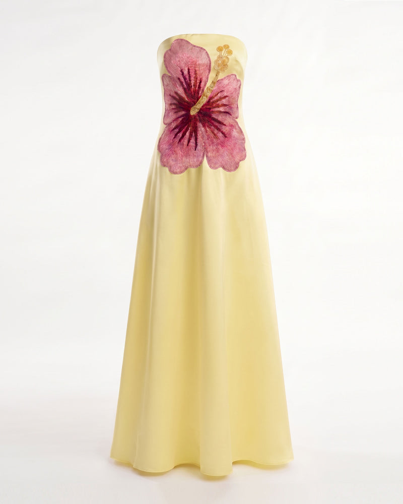 Hibiscus Embroidered Bandeau Maxi Dress - Yellow