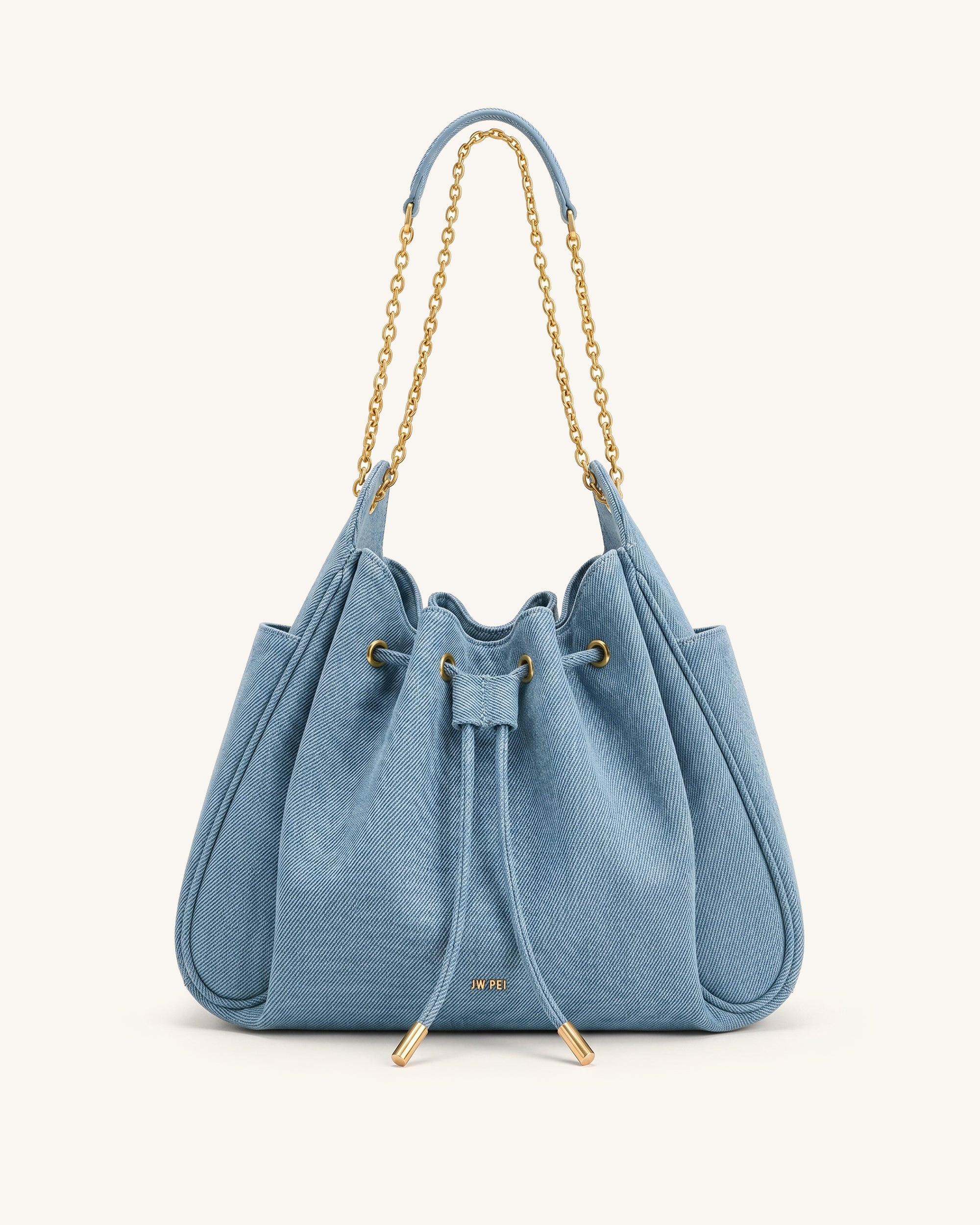 Rowan Ruched Drawstring Chain Bucket Bag - Light Blue Denim