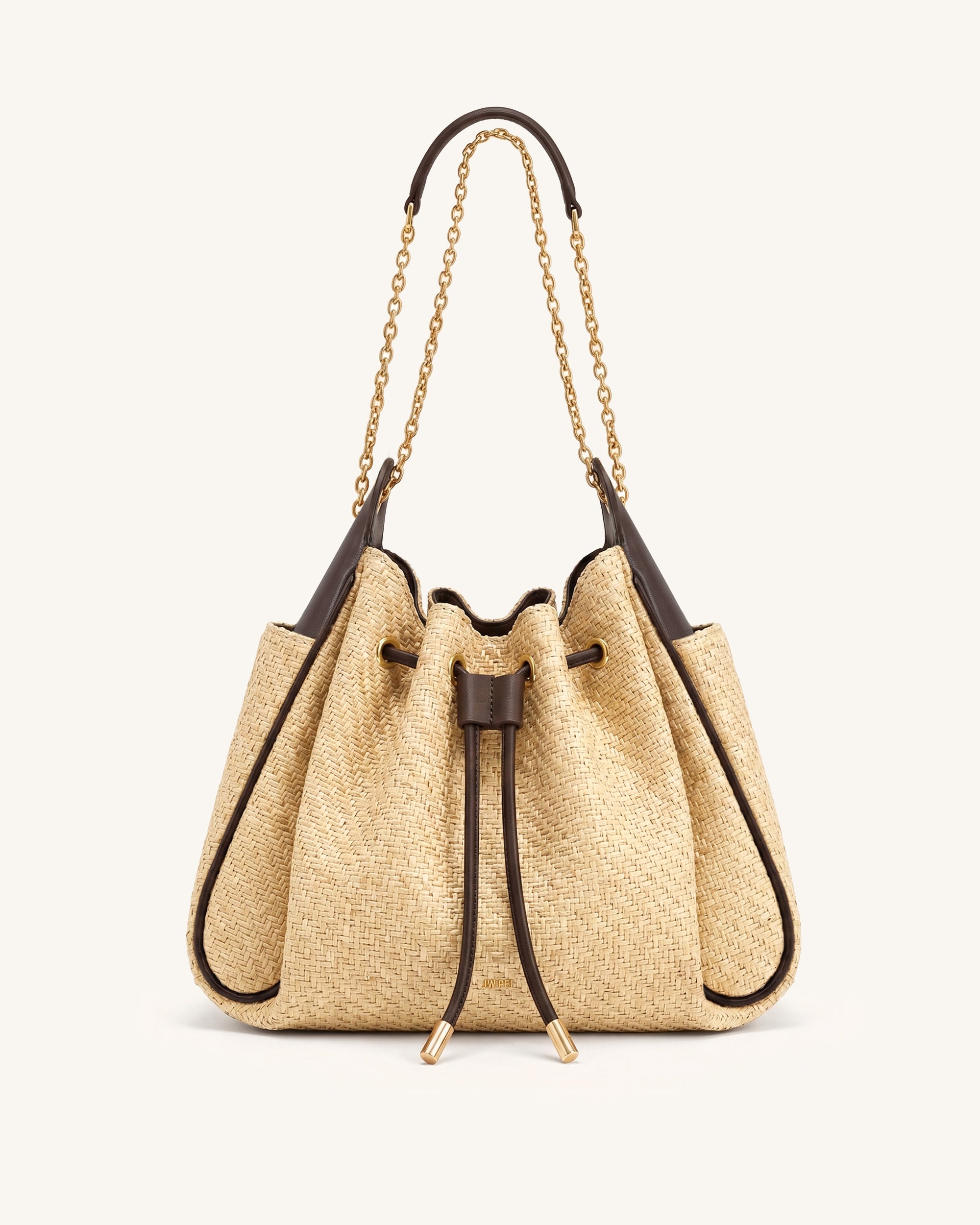 Rowan Faux Straw Ruched Drawstring Chain Bucket Bag - Light Brown