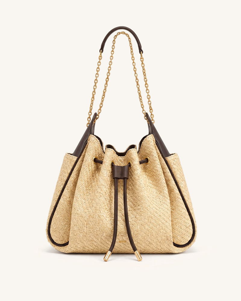 Rowan Faux Straw Ruched Drawstring Chain Bucket Bag - Light Brown