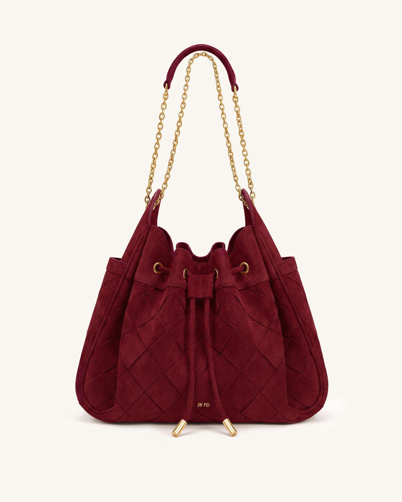 Rowan Faux Suede Weaving Ruched Drawstring Chain Bucket Bag - Dark Cherry