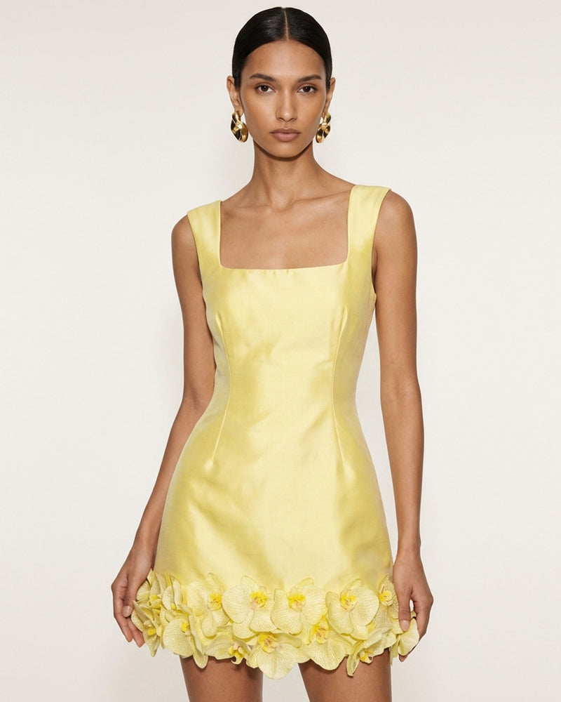 Orchid Embellished Square-Neck Mini Dress - Yellow